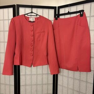 123 Made In France Size S Salmon Pink Wool Blend High Button Fitted Skirt Suit